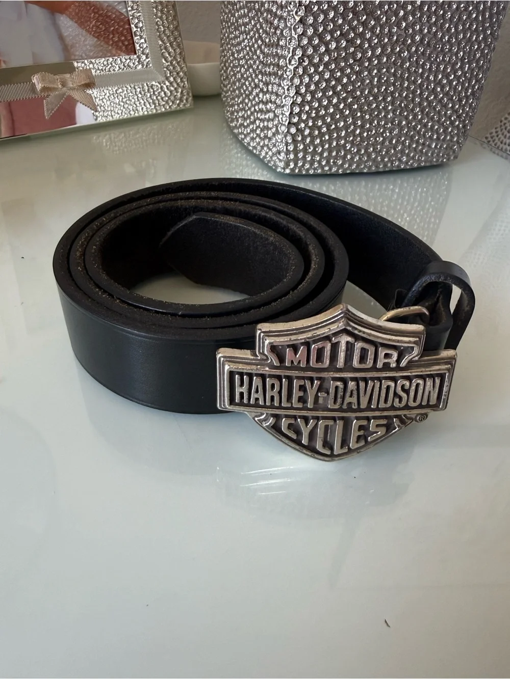 Harley-Davidson Black Leather Belt with Silver Shield Buckle 38 inch